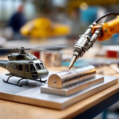 Poster - Robotic Arm Engraving Metal Cylinder with Helicopter Model Nearby, Demonstrating Precision Manufacturing and Aerospace Technology.
