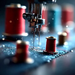 Aufkleber - Sewing Dreams: A Close-Up View of the Sewing Machine in Action with Vivid Threads and Denim Fabric.