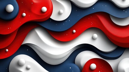 Poster - Abstract wavy shapes in red, white, and blue, with scattered white spheres.  Layered and textured, creating a dynamic background