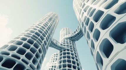 Poster - Innovative future architecture conceptual render of abstract interconnected structures against a pastel sky creating a modern skyline vision