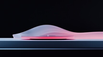 Poster - Abstract, futuristic, disc-shaped object resting on a platform, enveloped in soft, flowing, translucent shapes of light purple and pink