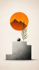 Poster - Abstract art piece featuring a tiered pedestal, a sun, mountains, and a plant, all in muted tones