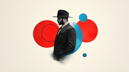 Poster - Side profile of a man in a suit and hat, surrounded by abstract shapes of red and blue circles