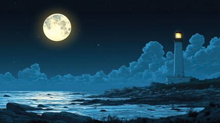 Wall Mural - a solitary lighthouse standing sentinel on a rocky coastline, guiding ships through a stormy night.