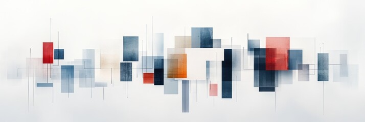 Poster - Abstract geometric composition of overlapping squares and rectangles in various shades of color against a white background
