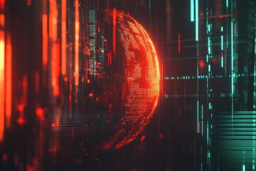 Fototapete - Digital globe, surrounded by glowing lines of code, in a dark, futuristic environment.  High-tech, energetic, and abstract depiction