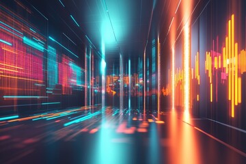 Poster - Futuristic tunnel with vibrant neon lights and data streams.  Detailed graphic displays of dynamic information