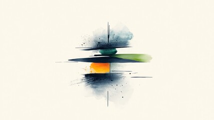 Poster - Abstract composition of layered geometric shapes in various shades of blue, orange, and green on a light background.  Geometric shapes are overlaid with bursts of color