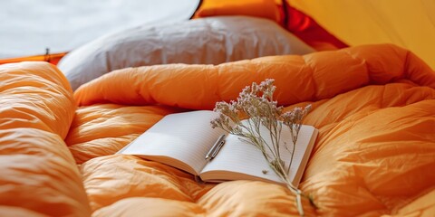 Wall Mural - Cozy camping tent interior with open journal, pen, and wildflowers on orange sleeping bag