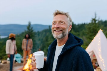 Wall Mural - Mature caucasian male smiling outdoors with coffee in camping scene