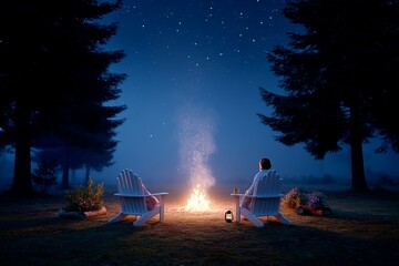 Wall Mural - Tranquil night camping with a campfire under a starry sky