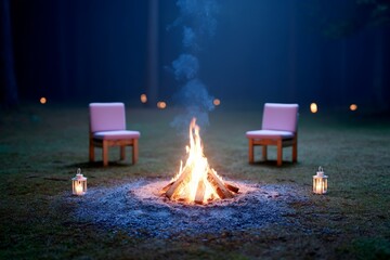 Wall Mural - Tranquil evening campfire setup with cozy chairs and lanterns in forest