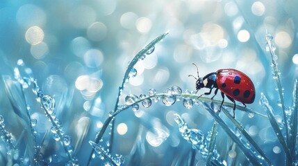 Wall Mural - Close up of a ladybug on fresh dewy grass with dreamy bokeh background in realistic photography