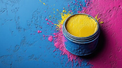 Poster - A metallic container of vibrant yellow paint, nestled amidst a vibrant splash of pink and blue color