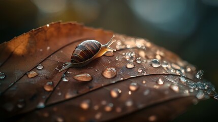 Wall Mural - Macro photography of a snail on a dewy leaf, highlighting nature s intricate beauty and textures