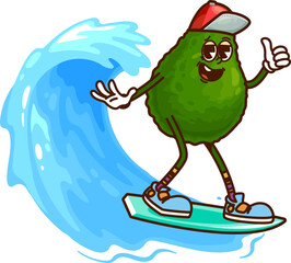Aufkleber - Surfing avocado groovy cheerful character. Fresh avocado vintage cartoon personage, tropical fruit funky vector funny mascot. Ripe avocado 60s 70s groovy cheerful character surfing on vacation