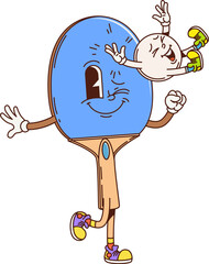 Poster - Table tennis sport club groovy cheerful character. Ping-pong game cute hippie isolated isolated vector character, sport championship groovy personage. Table tennis sport racket and ball happy mascots