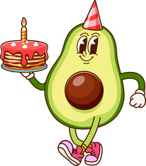 Aufkleber - Avocado with birthday cake funny groovy character. Natural avocado half vector funky funny mascot, organic farm product cute hippie character. Tropical fruit on birthday holiday cheerful character