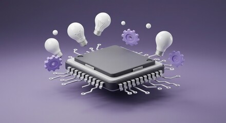 Fototapete - Computer Chip with Light Bulbs and Gears Illustration Concept