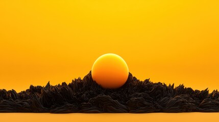 Poster - Orange sphere atop dark, textured landscape on vibrant yellow background