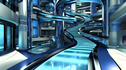 Poster - abstract futuristic interior digital spaceship design with intricate metallic structures and sleek r