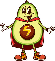 Aufkleber - Avocado fruit superhero groovy cute character. Ripe tropical fruit hero retro isolated vector personage, avocado defender with lightning sign on seed, wearing red cape funny hippie vintage mascot