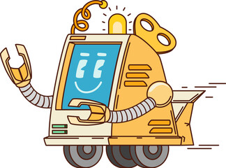 Aufkleber - Cartoon funny groovy robot or retro droid on wheels with funny face display, vector character. Retro transformer droid or mechanic robot with winding key and antenna for robotic cyborg bot character