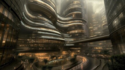 Poster - futuristic metropolis cityscape with illuminated structures and bustling avenues at twilight in a dy