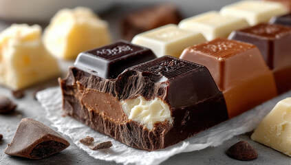 Poster - A closeup shot of a broken milk chocolate bar revealing layers of dark milk and white chocolate.  Surrounding it are loose chocolate pieces showcasing a delicious and tempting confecti : Generative AI