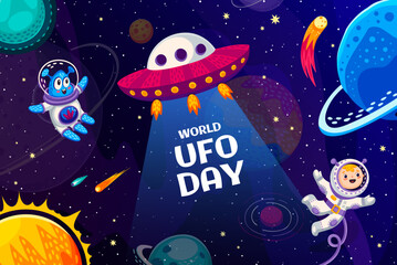 Poster - World UFO day banner, cartoon flying saucer, alien and kid astronaut characters in outer space. Vector greeting card with extraterrestrial personage and cute spaceman explore unknown wonders in galaxy