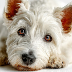 Poster - Closeup portrait of a West Highland White Terrier a small fluffy dog with expressive amber eyes resting its head on a white surface.  The dog's soft fur and gentle expression create a  : Generative AI