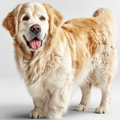 Poster - A happy fluffy golden retriever dog stands on a light gray background tongue out showcasing its thick lightcream colored fur and friendly expression. : Generative AI