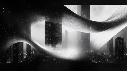 Poster - Futuristic city skyline framed by abstract, flowing forms.  A grayscale cityscape is enveloped by organic, ethereal structures