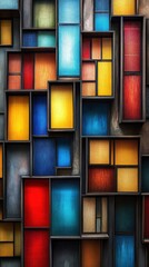 Poster - Colorful, geometric pattern of rectangular frames containing vibrant colors.  Intricate arrangement of squares and rectangles create a bold visual