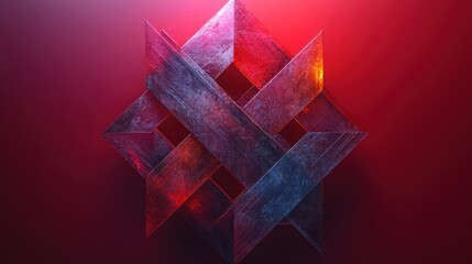 Poster - Abstract geometric design, interwoven shapes in vibrant red and blue tones, creating a dynamic visual effect