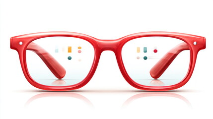 Poster - A stylish pair of red framed glasses reflects colorful geometric shapes on the lenses while casting a soft shadow on a white surface.