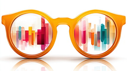 Poster - Bright yellow eyeglasses reflect colorful abstract geometric patterns in the lenses on a clean white surface creating a whical modern design.