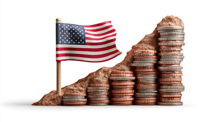 Poster - An American flag sits atop a hill formed by stacks of coins representing economic growth and financial stability in the United States.