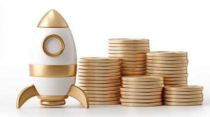 Poster - A golden rocket ship takes off next to stacks of golden coins symbolizing financial growth and investment success on a white background.
