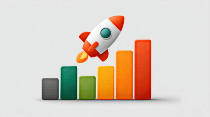 Aufkleber - A stylized rocket ship launches upwards from a colorful bar graph illustrating growth and achievement on a neutral background indicating success.