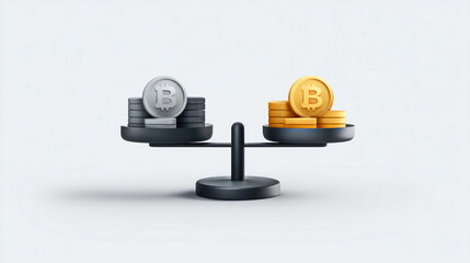 Poster - Golden bitcoins outweigh silver bitcoins on a balance scale, illustrating the concept of cryptocurrency value and investment potential today.