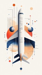 Poster - Abstract graphic design of a plane taking off over a city, showcasing geometric shapes and vibrant colors