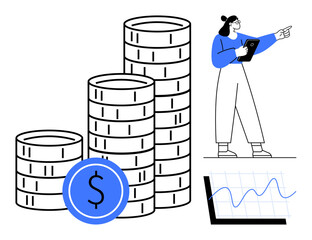 Poster - woman holding tablet, gesturing at coin stacks and financial graph. ideal for economy, finance, inve