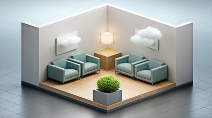 Poster - An isometric view depicts a minimalistic waiting room furnished with cozy armchairs, cloud art, and soft lighting for a tranquil ambiance.