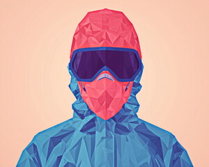 Aufkleber - Geometric low poly illustration of person in blue hooded jacket and red helmet with goggles on a pale orange background provides minimalist art.