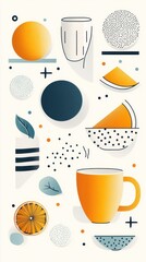 Poster - Abstract design with various fruit and dish shapes in warm colors and muted tones. Geometric shapes and patterns create a modern aesthetic