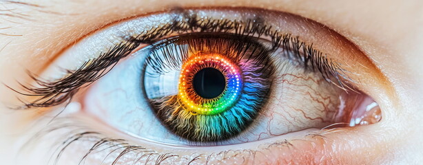 Poster - A striking close-up reveals a human eye with an iris vividly displaying a spectrum of vibrant rainbow colors in intricate detail.