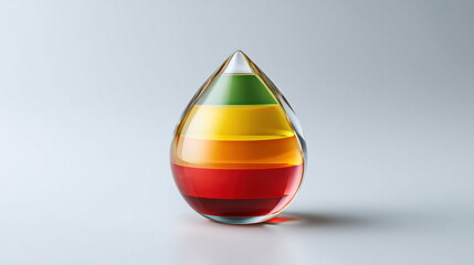 Poster - A teardrop shaped glass object with stacked layers of red, orange, yellow, and green liquid is isolated against a neutral background studio.