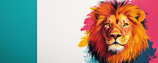 Aufkleber - Vivid digital painting shows a majestic lion with a colorful mane against a modern teal white and pink background which create a vibrant impression.