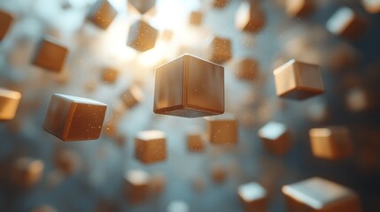 Poster - Abstract digital art of many cubes in mid-air, floating against a blurred background with a light source